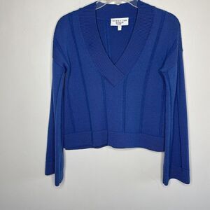 DEREK LAM Sweater Womens XS Military Blue 100% Wool Pullover V-Neck Crop
